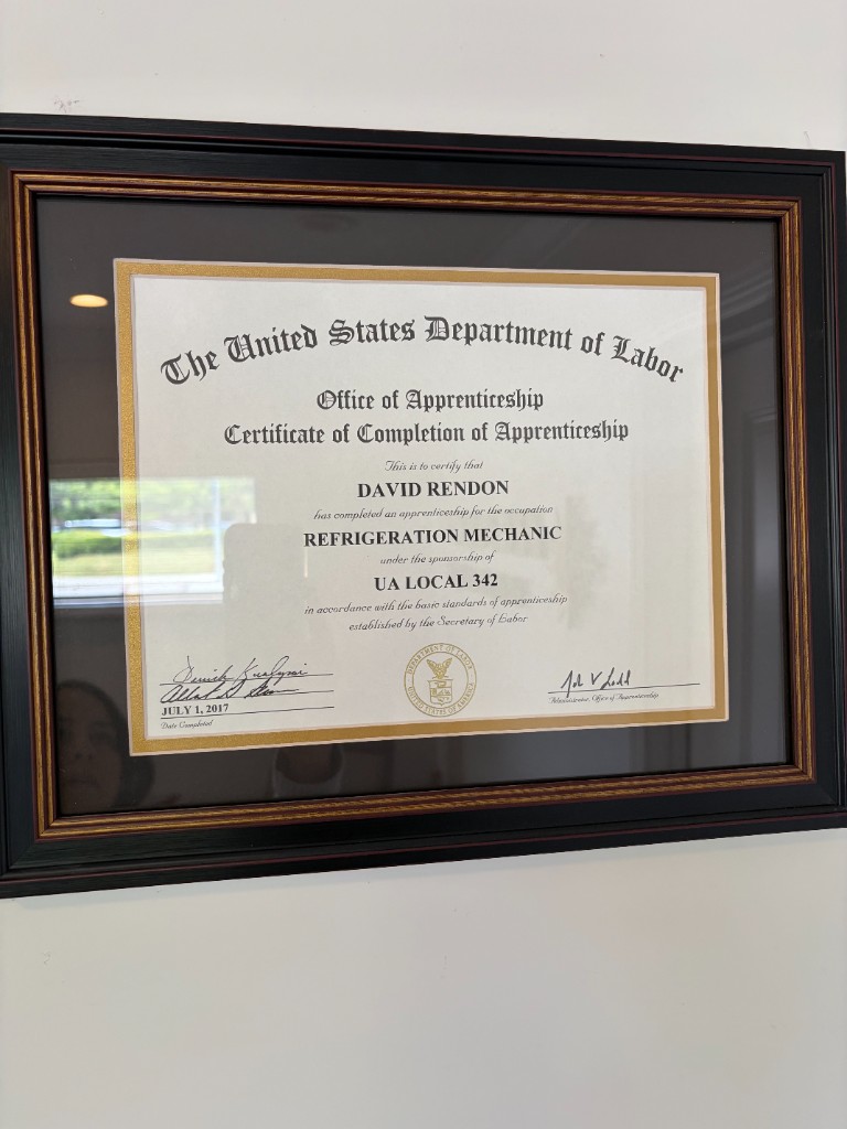 U.S. Department of Labor certified refrigeration mechanic