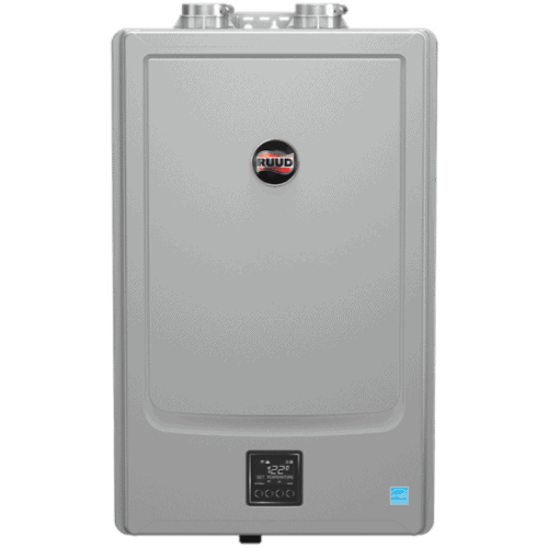 Ruud SR Series Super High Efficiency Condensing Tankless Gas Water Heater with Recirculation Pump.